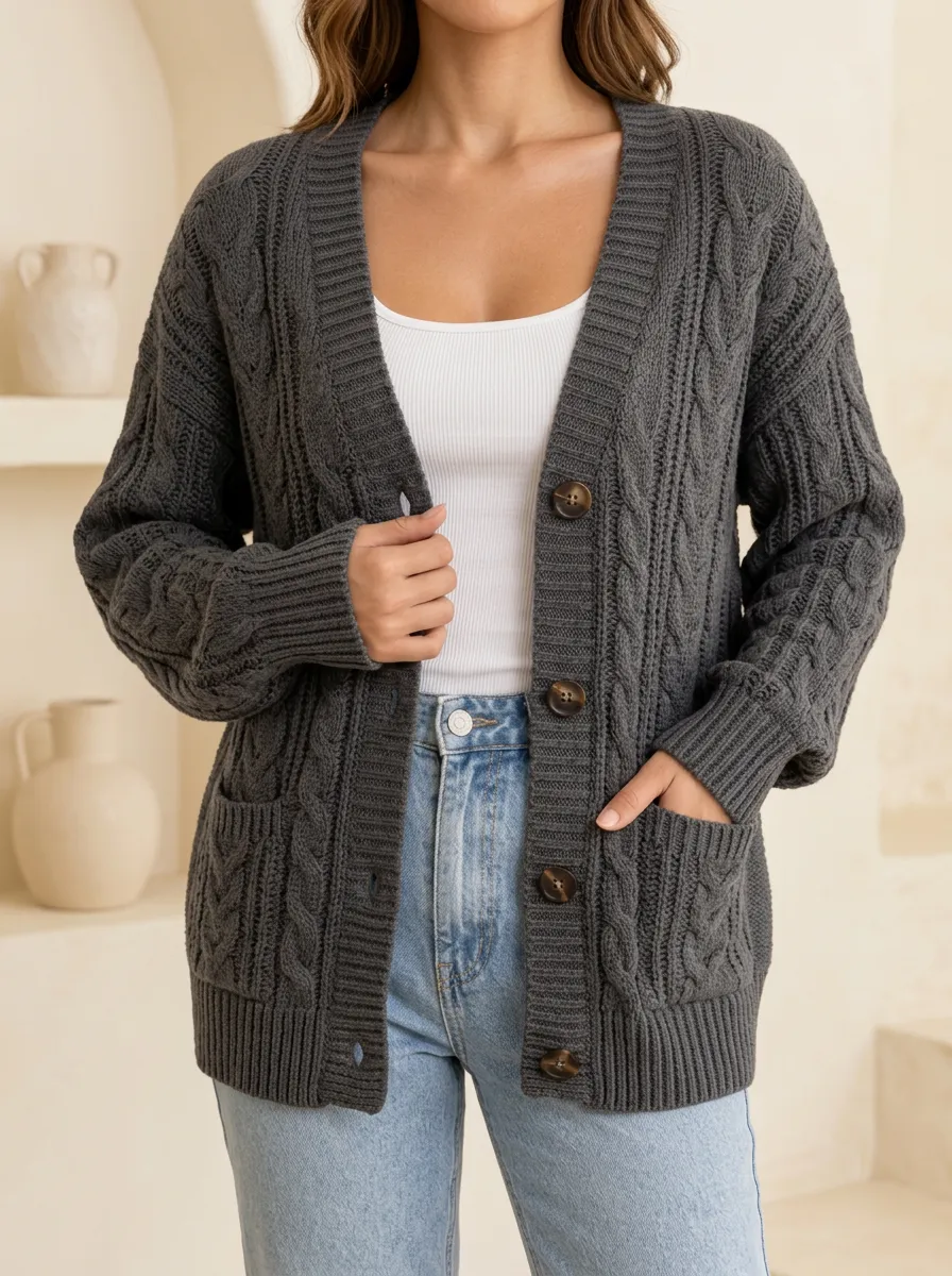 Women's Cable Knit Button Front V Neck Essential Cardigan