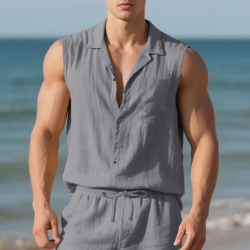 Men's Sleeveless Linen Shirt With Lapel Collar Chest Pocket And Continuous Button Placket