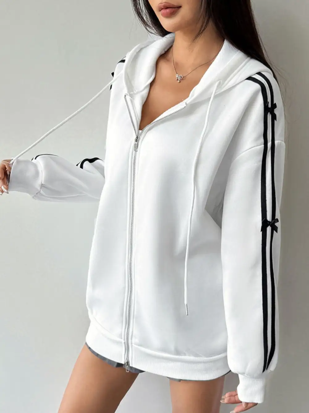 Zip-Detail Drawstring Striped Hoodie