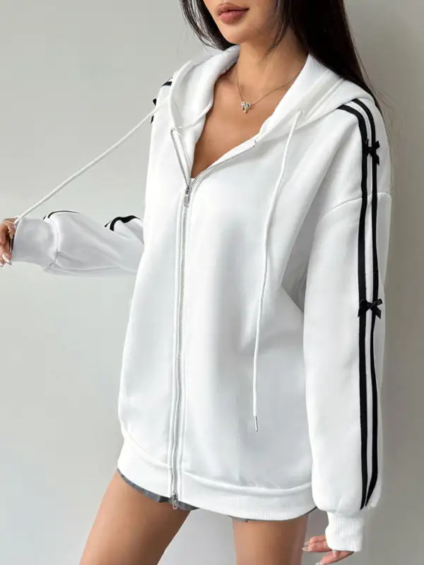 Zip-Detail Drawstring Striped Hoodie