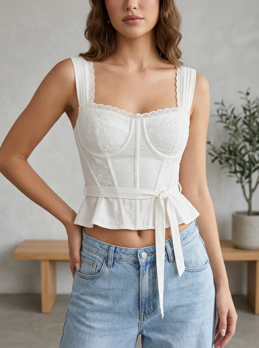 Peplum Lace-Trim Square-Neck Women's Corset-Style Top