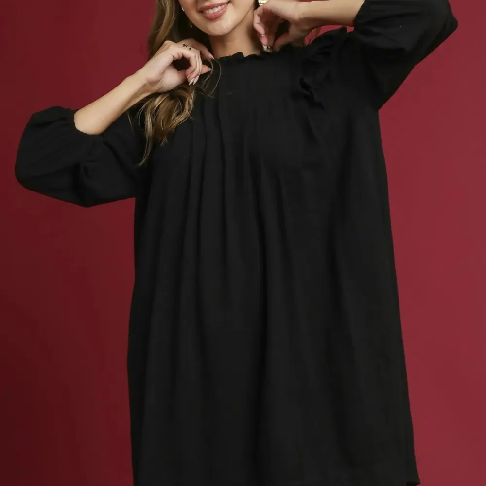 Linen Ruffle Shoulder Pleated Babydoll Dress