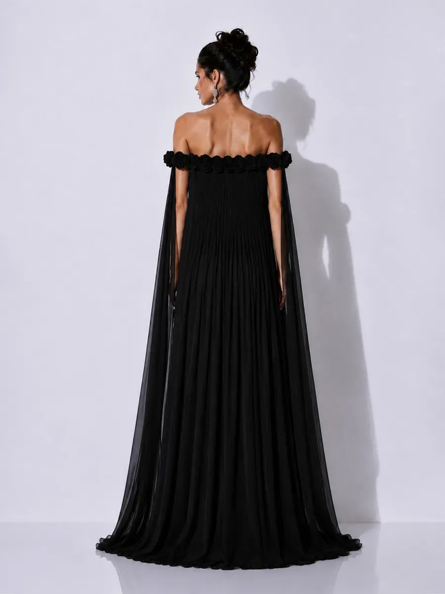 Grace 3D Floral Pleated Off-Shoulder Maxi Dress