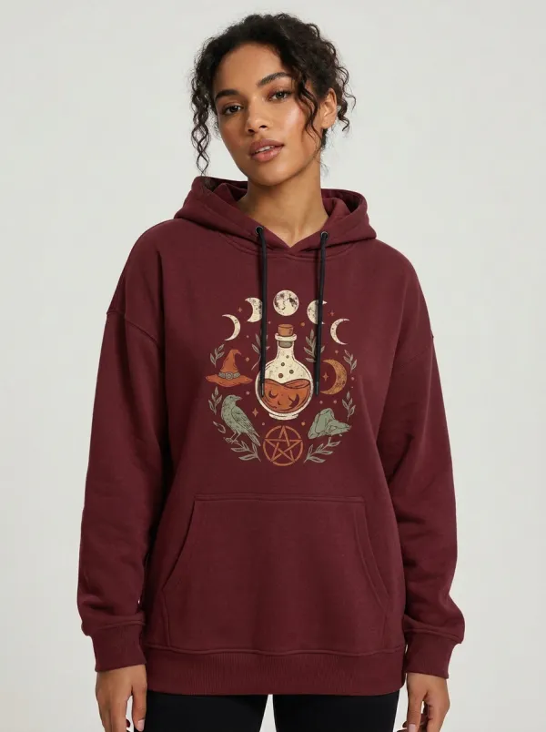 Women's Halloween Witchy Potion Moon Raven Printed Hoodie