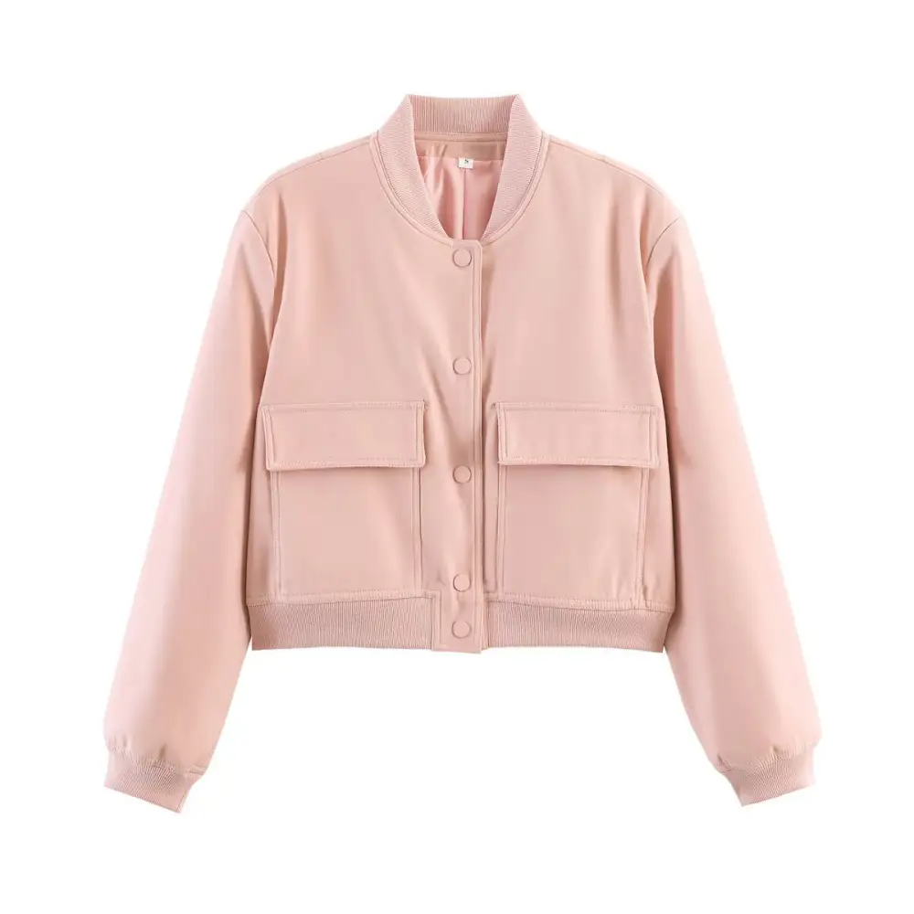 Cropped Snap Front Patch Pocket Ribbed Trim Bomber Jacket