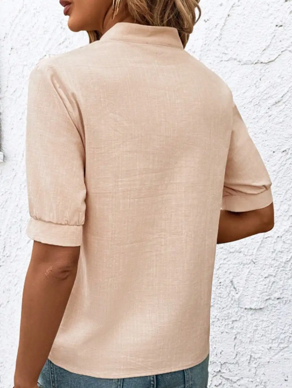V Neck Embroidered Cotton Short Sleeve Blouse