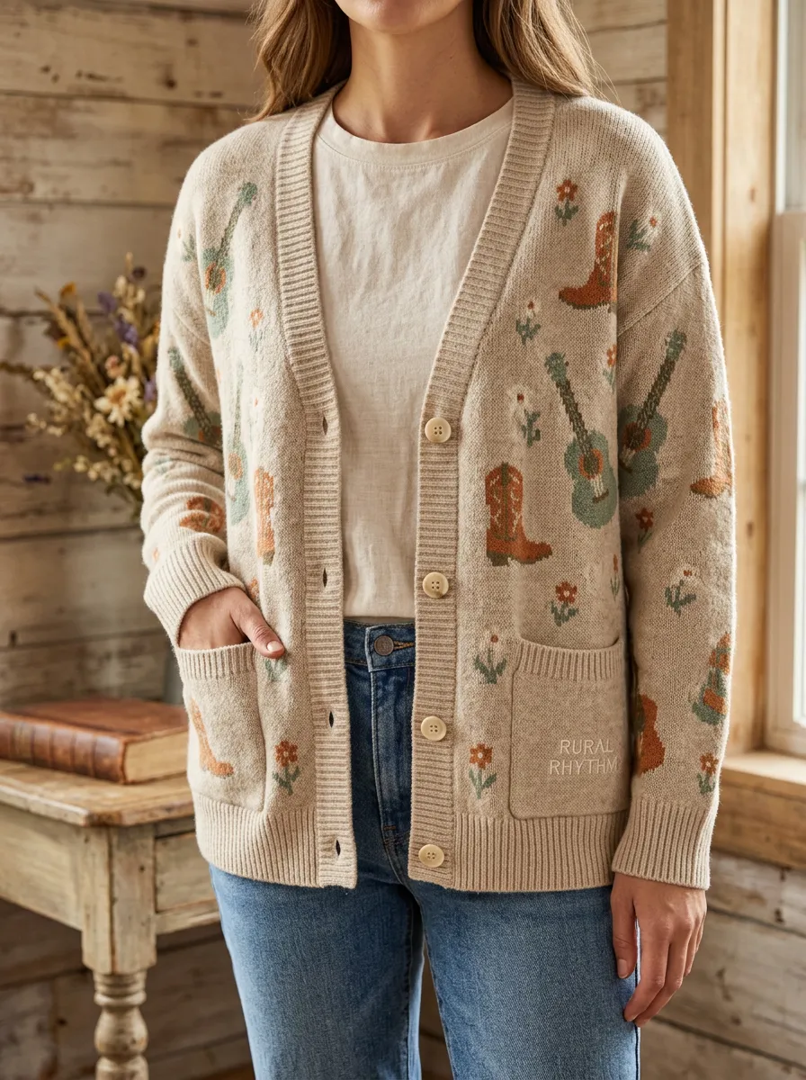 Guitar Cowboy-Boot Floral Women's Country Music Casual Cardigan