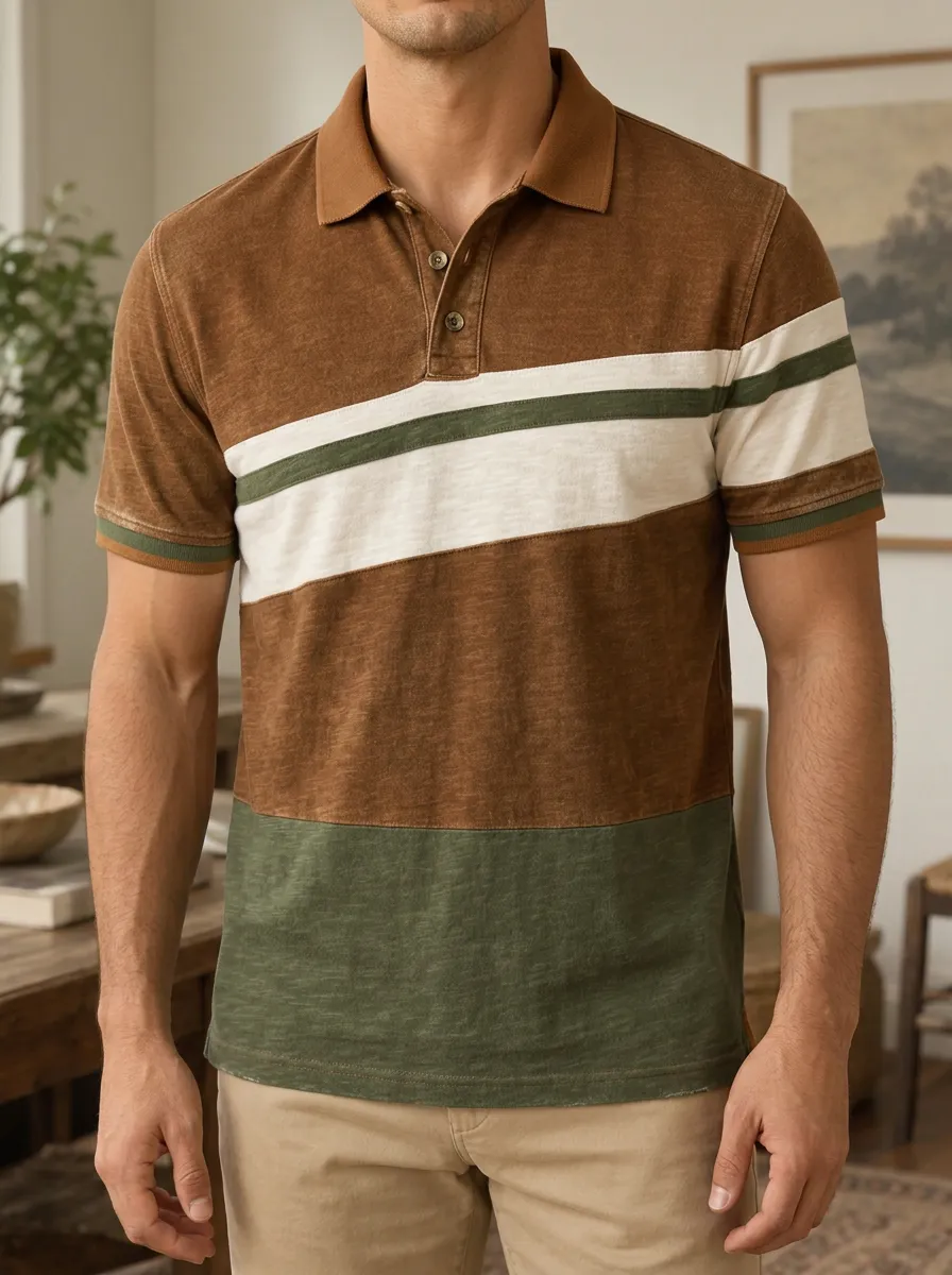 Men's Casual Vintage Brown Green Striped Printed Polo Shirt Weekend Casual Style