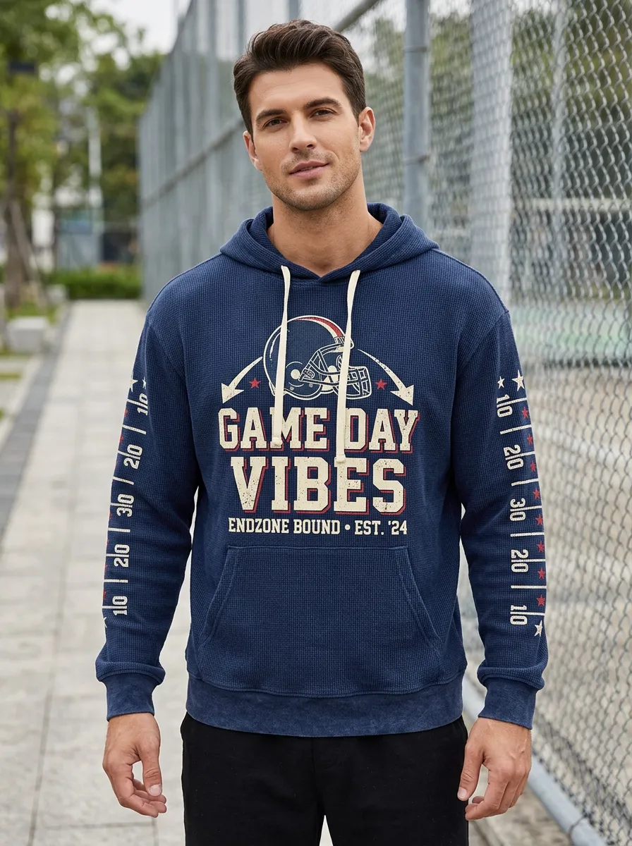 Men's Football Game Day Vibes Helmet Printed Waffle Hoodie