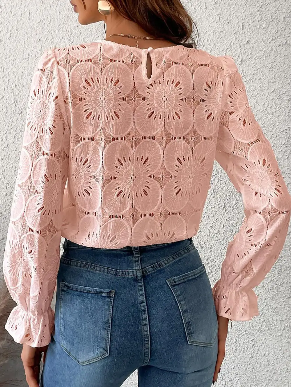 Openwork Lace Long Sleeve Blouse