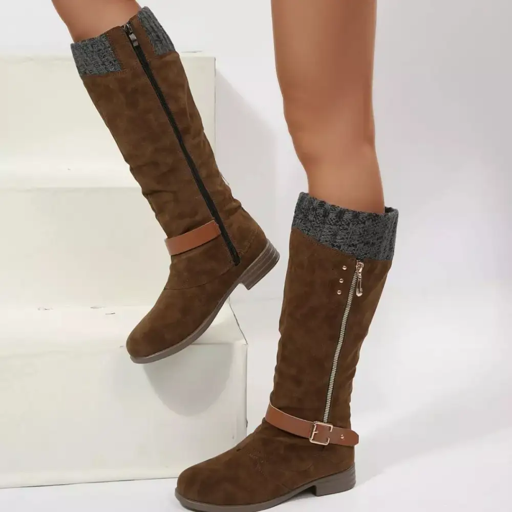 Ruffled Round Toe Block Heels Boots