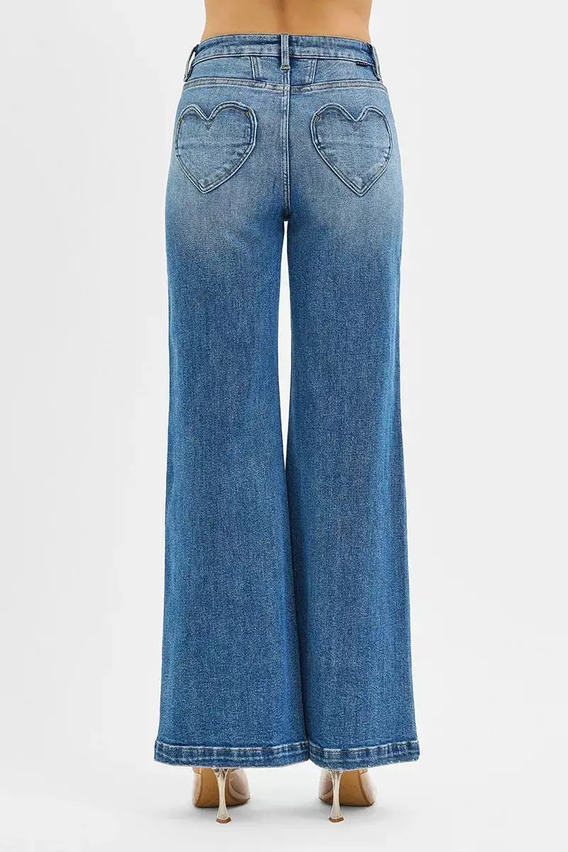 High Rise Wide Leg Jeans With Front Yoke And Heart Back Pocket