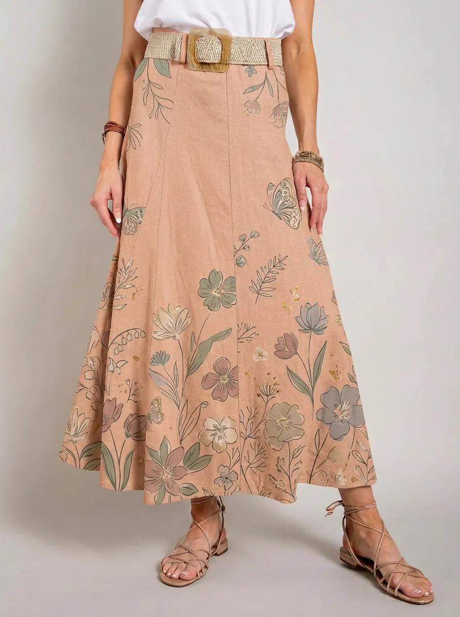 Women's A-Line Botanical Butterfly Floral Printed Linen Midi Skirt