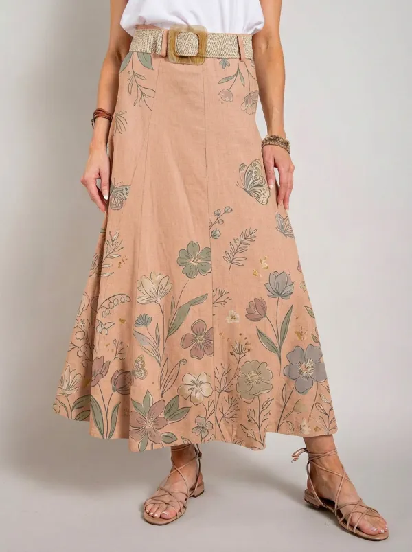 Women's A-Line Botanical Butterfly Floral Printed Linen Midi Skirt