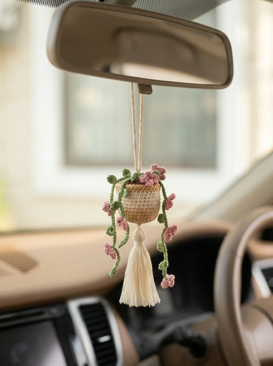 Crochet Tassel Floral Plant Rearview Mirror Hanging Ornament