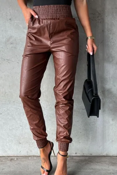 Smocked High Waist Pants With Pocket