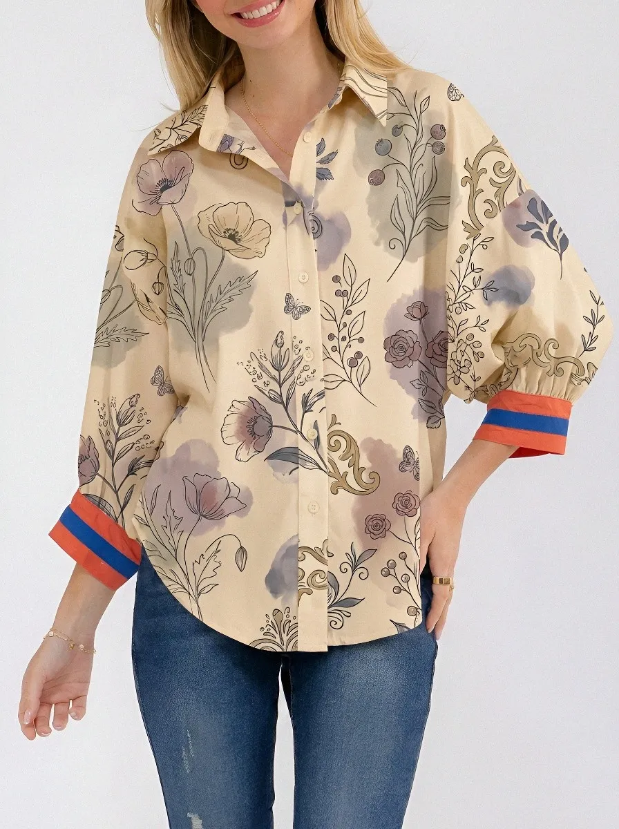 Women's Botanical Floral Butterfly Printed Button-Up Shirt