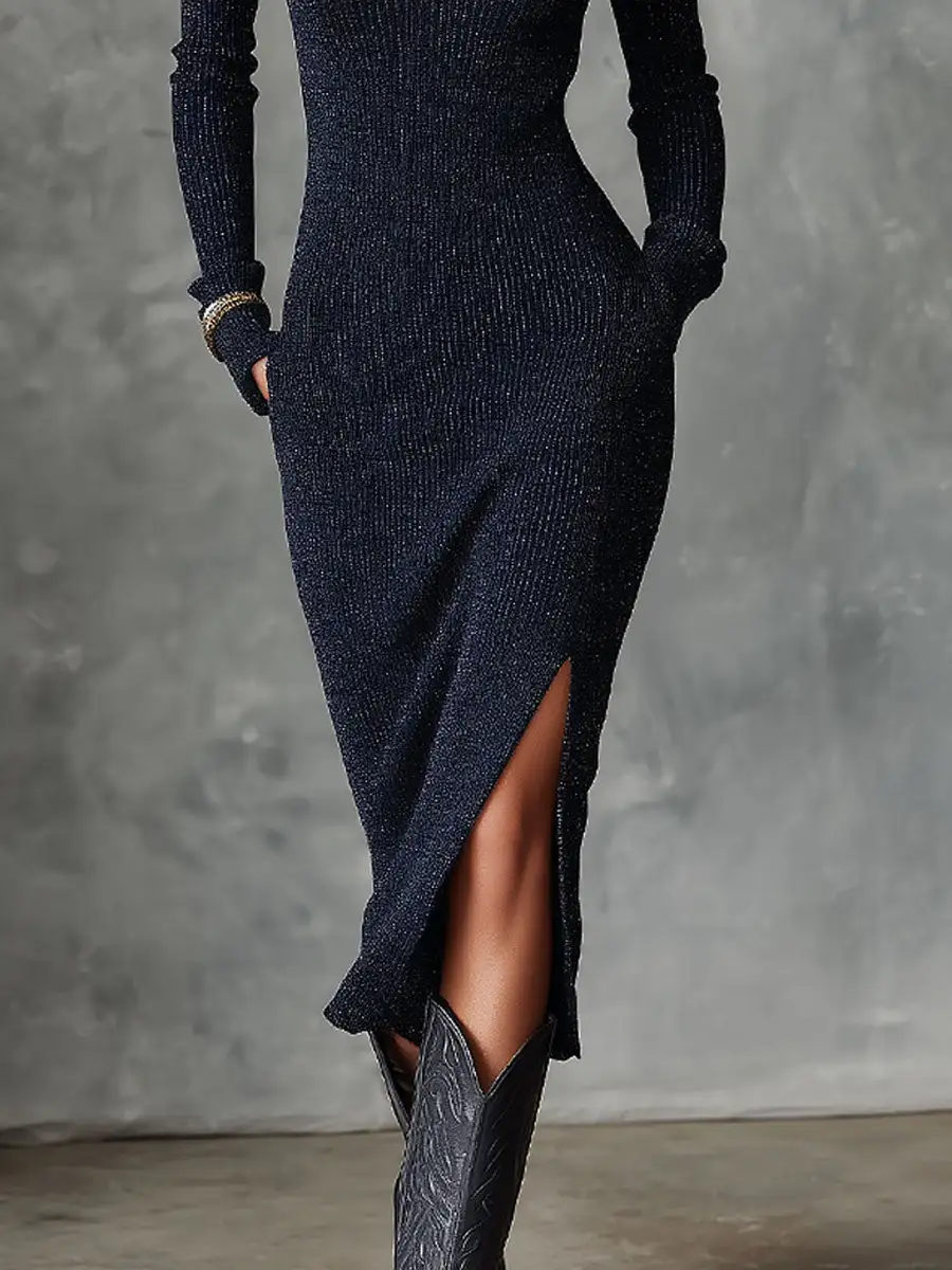 Retro Shiny Front Zipper Ribbed Knit Midi Dress Featuring Slit Hem