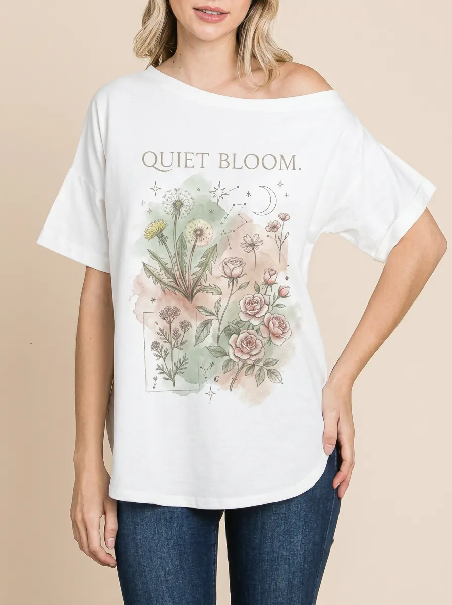 Women's Botanical Quiet Bloom Dandelion Rose Printed T-shirt