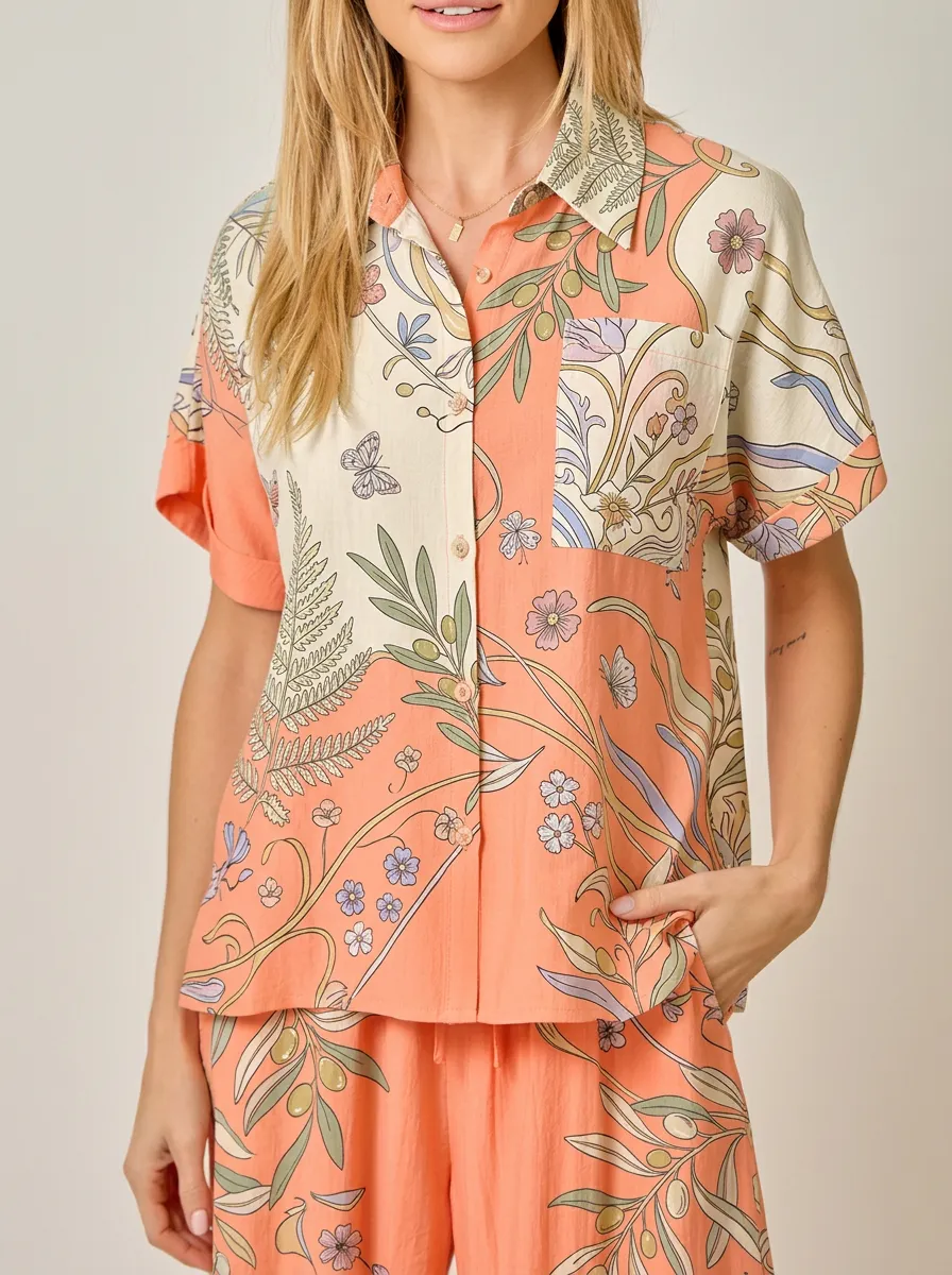 Women's Boho Floral Butterfly Botanical Printed Button-Up Shirt