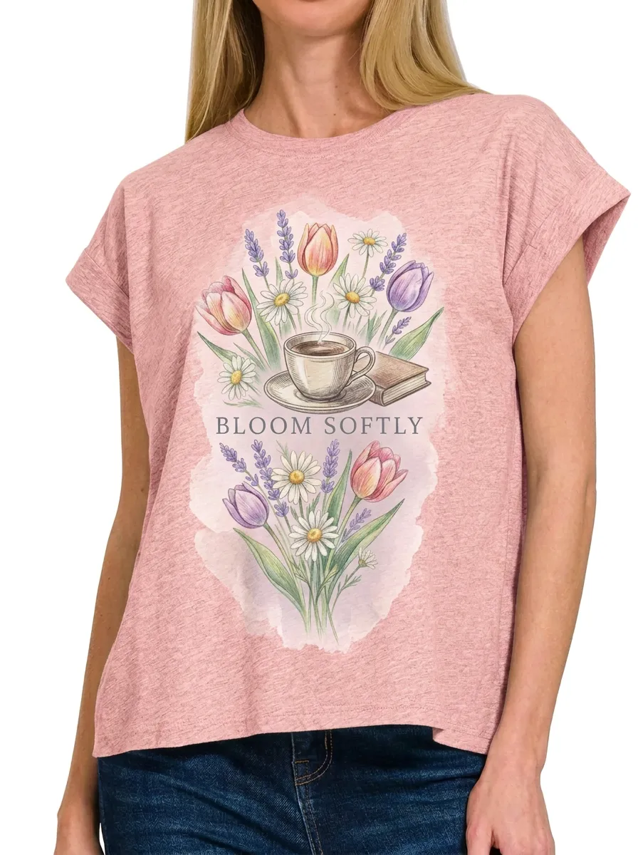 Women's Coffee Book Flower Bloom Softly Printed T-shirt