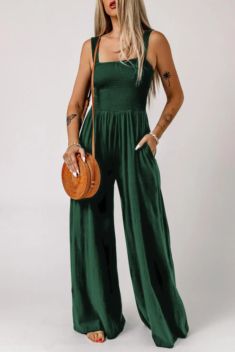 Smocked Square Neck Wide Leg Pockets Jumpsuit