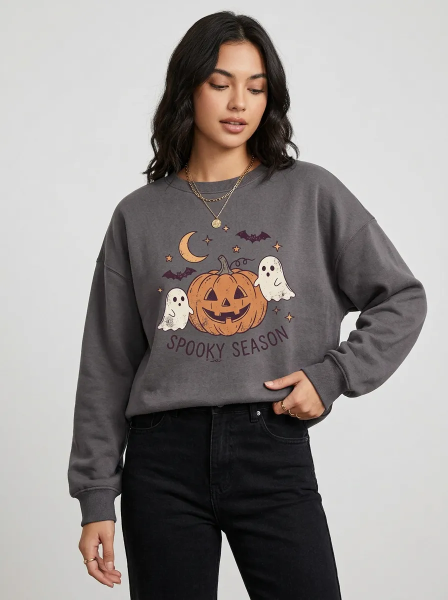 Women's Halloween Spooky Season Pumpkin Ghost Printed Sweatshirt