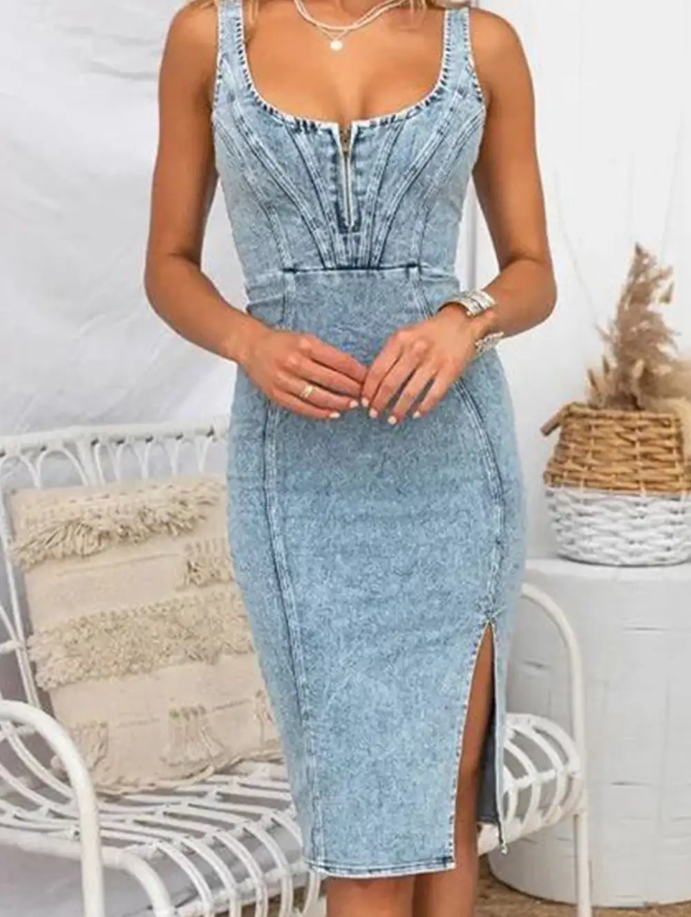 U Neck Denim Cami Mini Dress