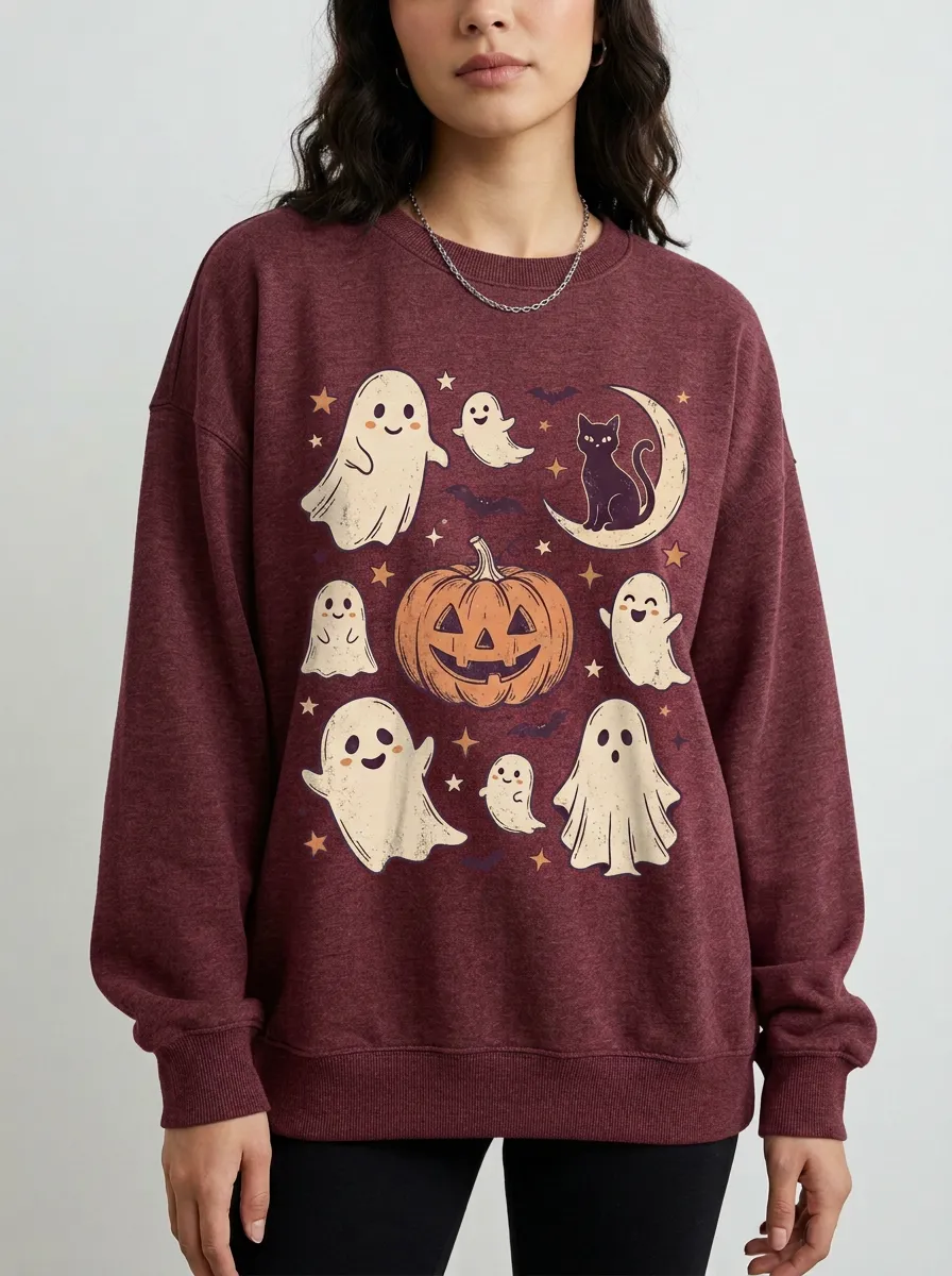 Women's Halloween Ghost Pumpkin Cat Printed Sweatshirt