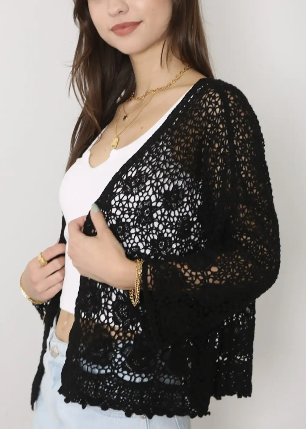 High-Waist Distressed Scalloped Embroidered Cropped Cardigan