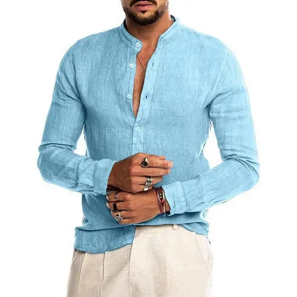 Men's Linen Shirt With Stand-up Collar Continuous Button Placket And Casual Slim-Fit Cut