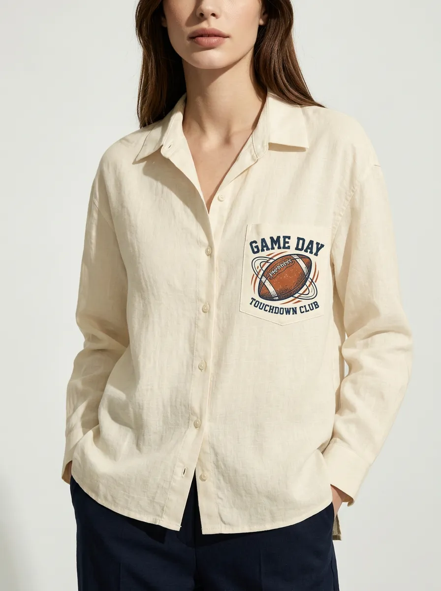 Women's Football Lover Game Day Touchdown Printed Button-up Shirt