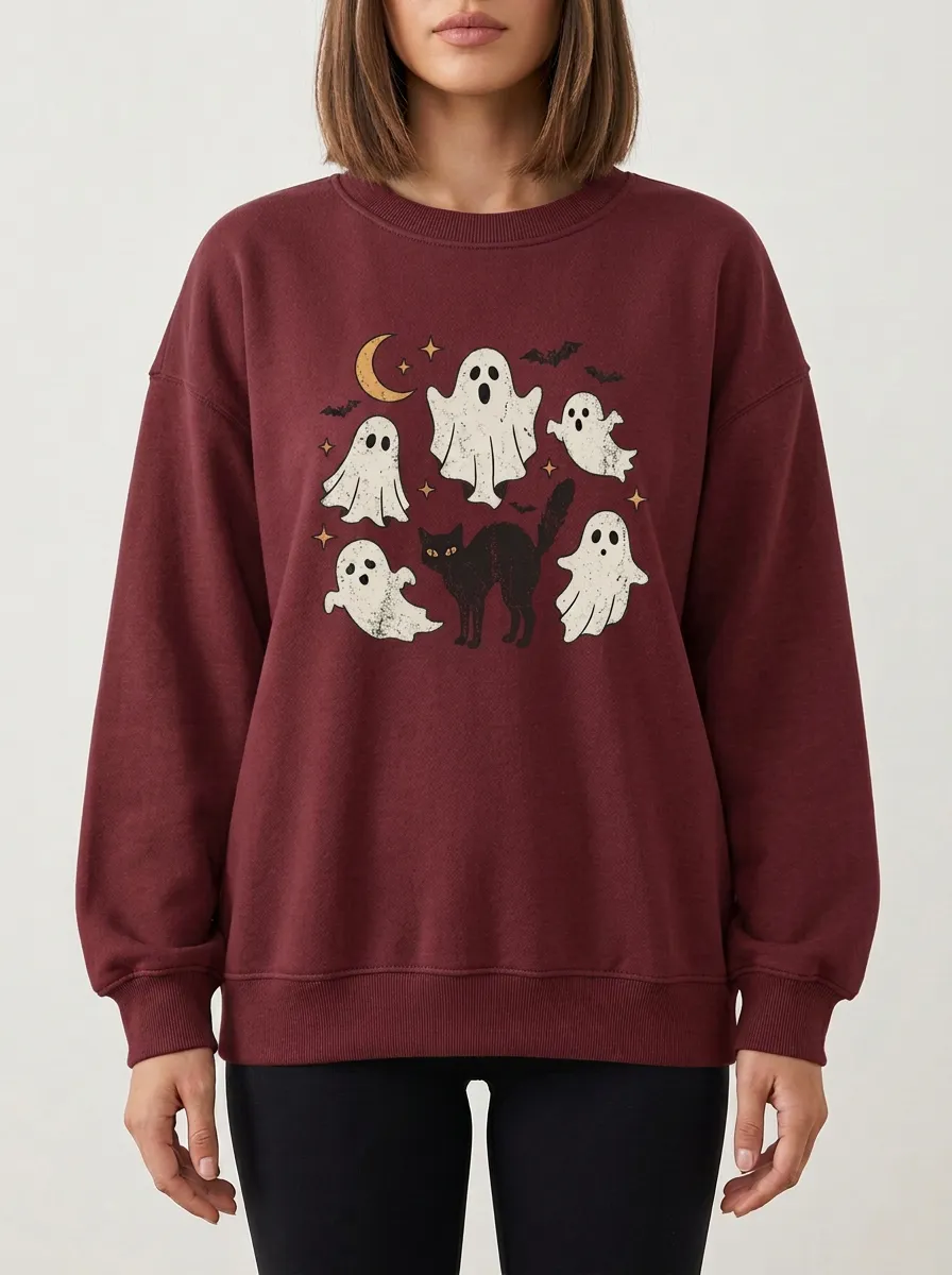 Women's Halloween Ghost Black Cat Moon Printed Sweatshirt