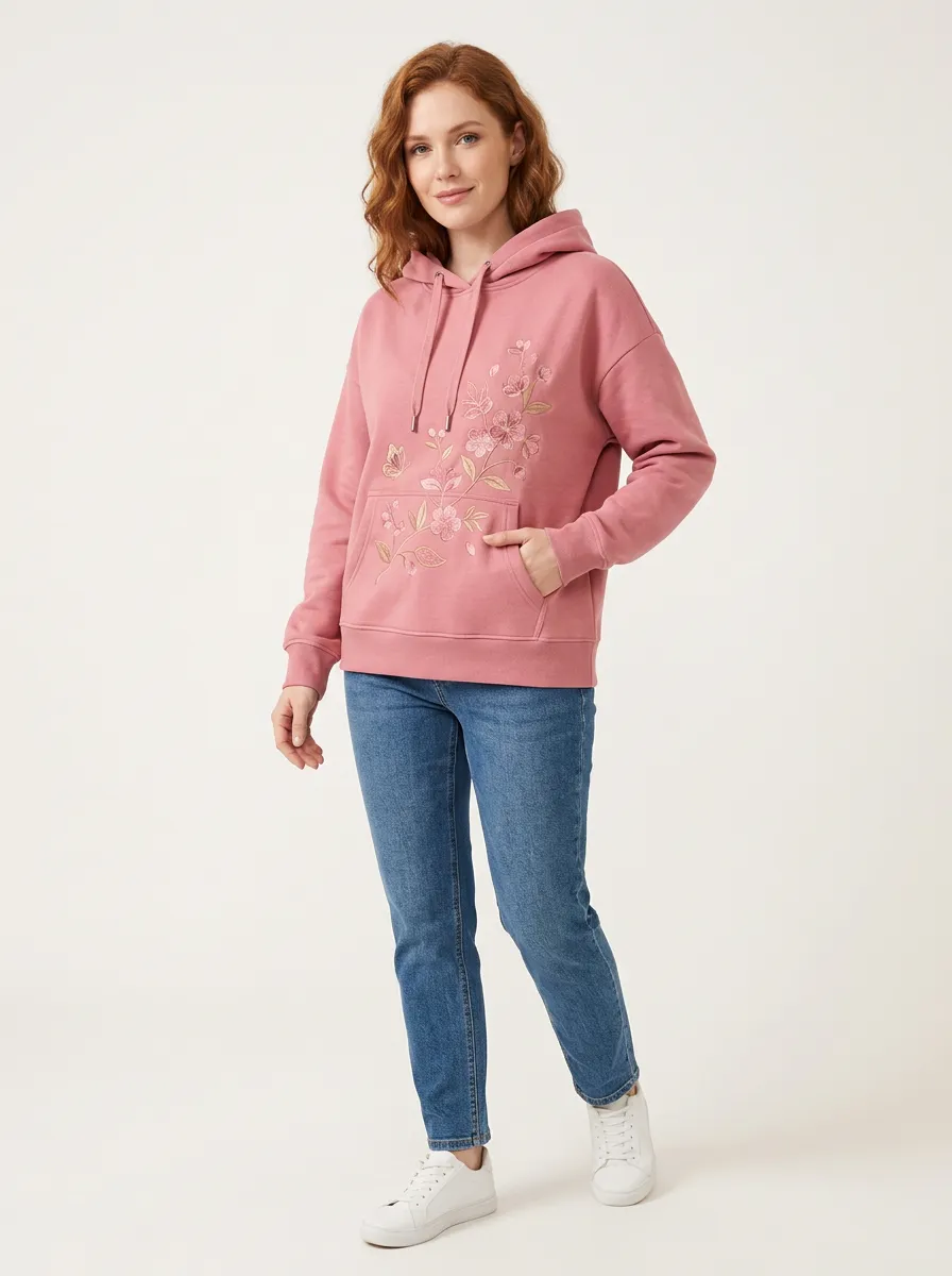 Women's Dusty Rose Floral Embroidered Denim Hoodie