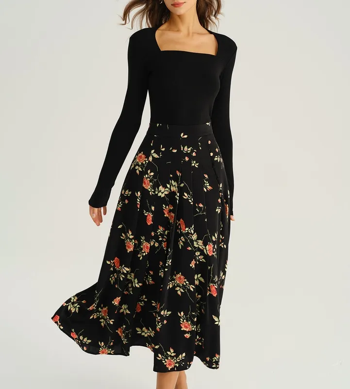 Black Floral A Line Midi Skirt