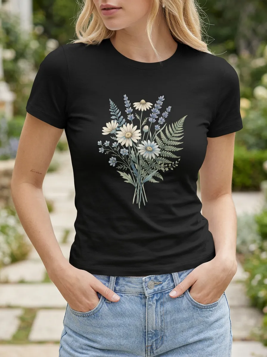 Women's Botanical Nature Lover Daisy Lavender Fern Printed T-shirt
