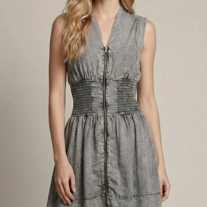 Denim Smocked Sleeveless V-Neck Dress