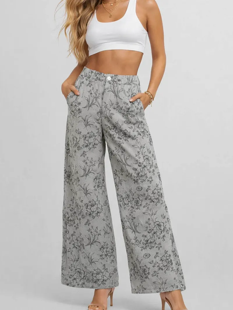 Vintage Jacquard Jean Button Waist Wide Leg Denim Pants