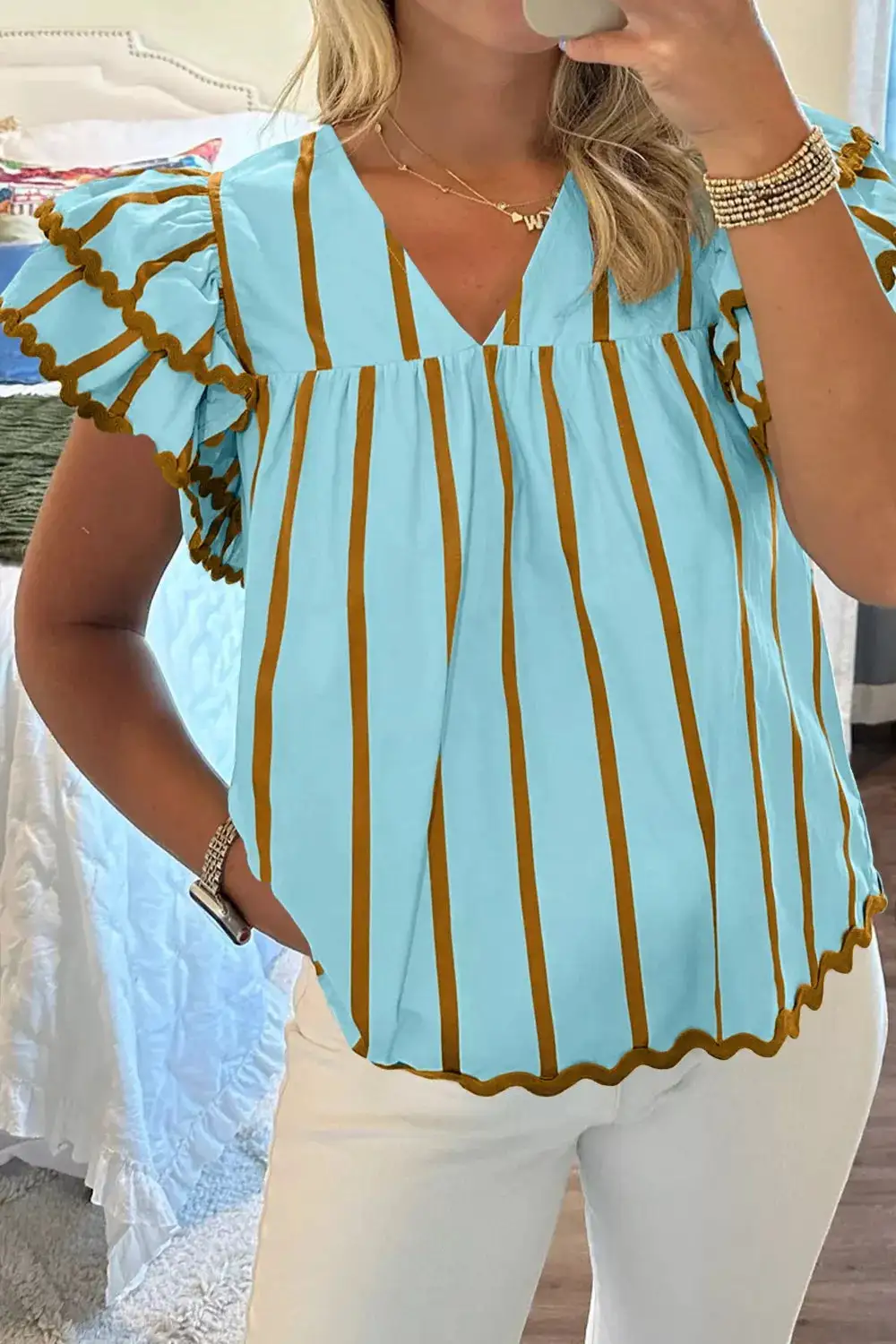 V-Neck Ruffled Striped Blouse