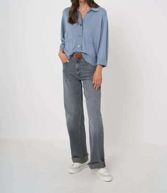 Cotton V-Neck Collared Button-Front Cardigan