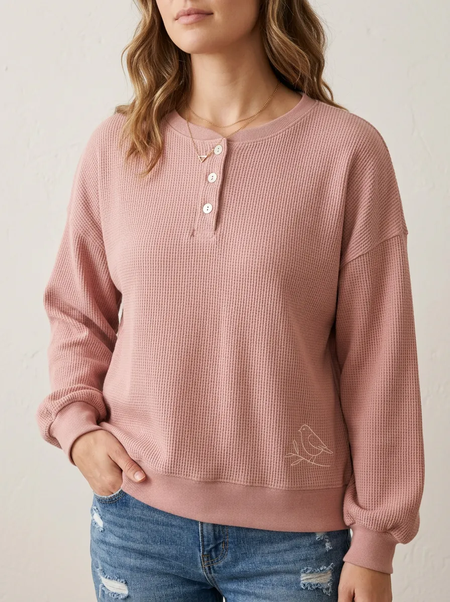 Women's Nature Lover Bird Outline Printed Waffle Henley Top