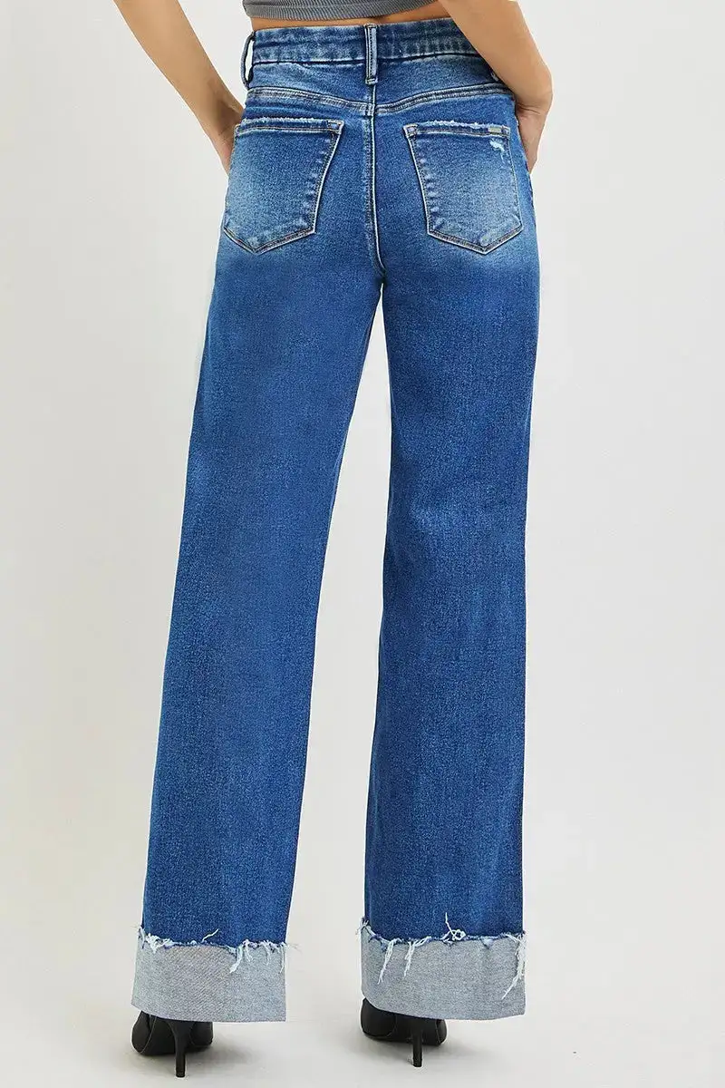 High Rise Wide Leg Cuffed Pocketed Denim Jeans