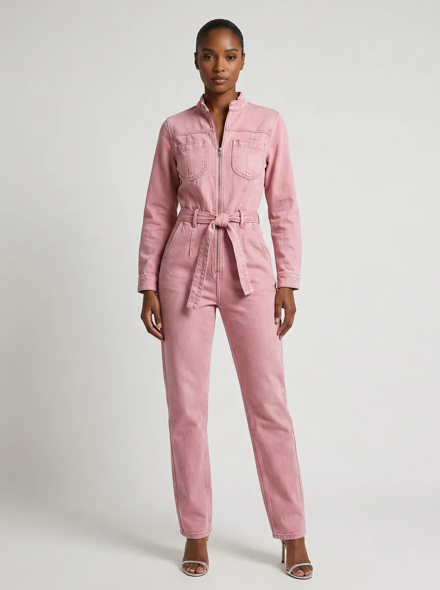 Pink Solid Zip-Front Denim Jumpsuit