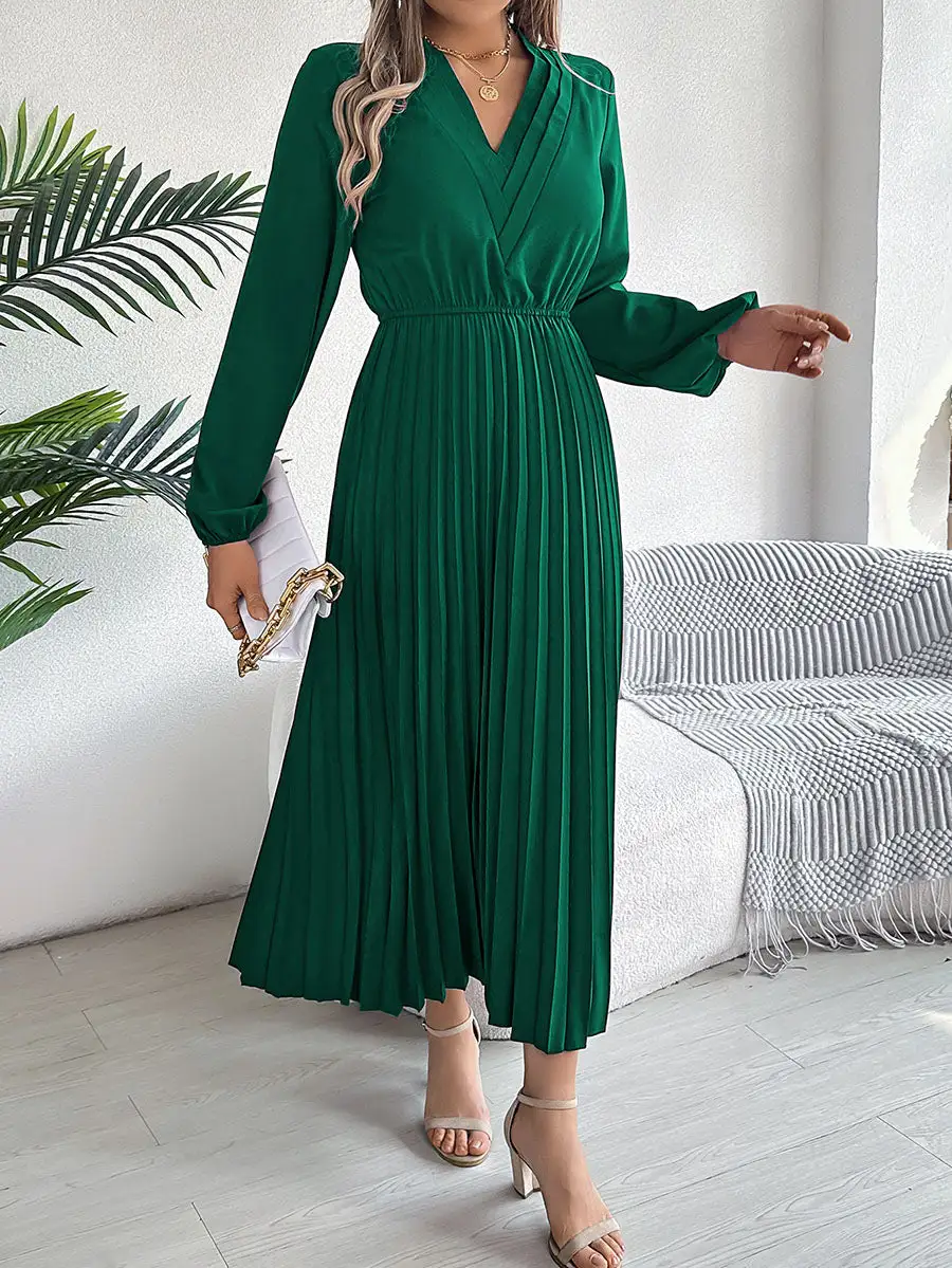 Elasticity Pleated Neck Maxi Dress