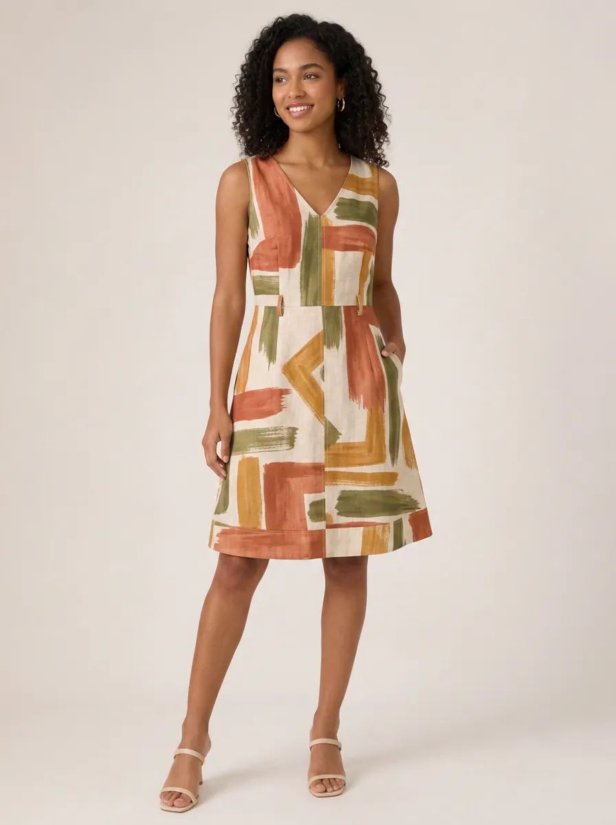Women's Abstract Geometric Brushstroke Printed V-neck Dress