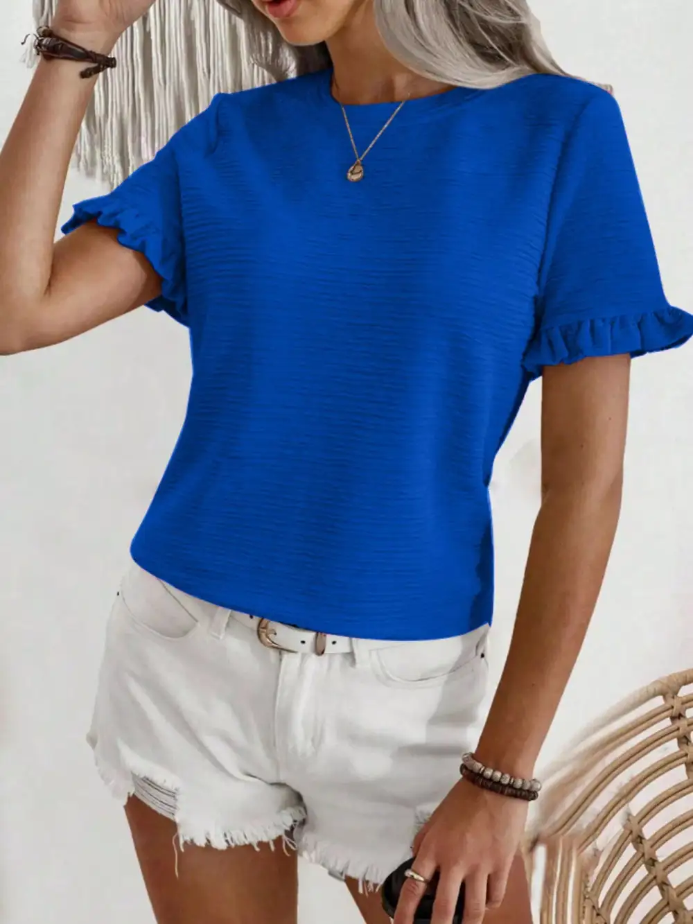 Textured Ruffle Sleeve Round Neck Blouse