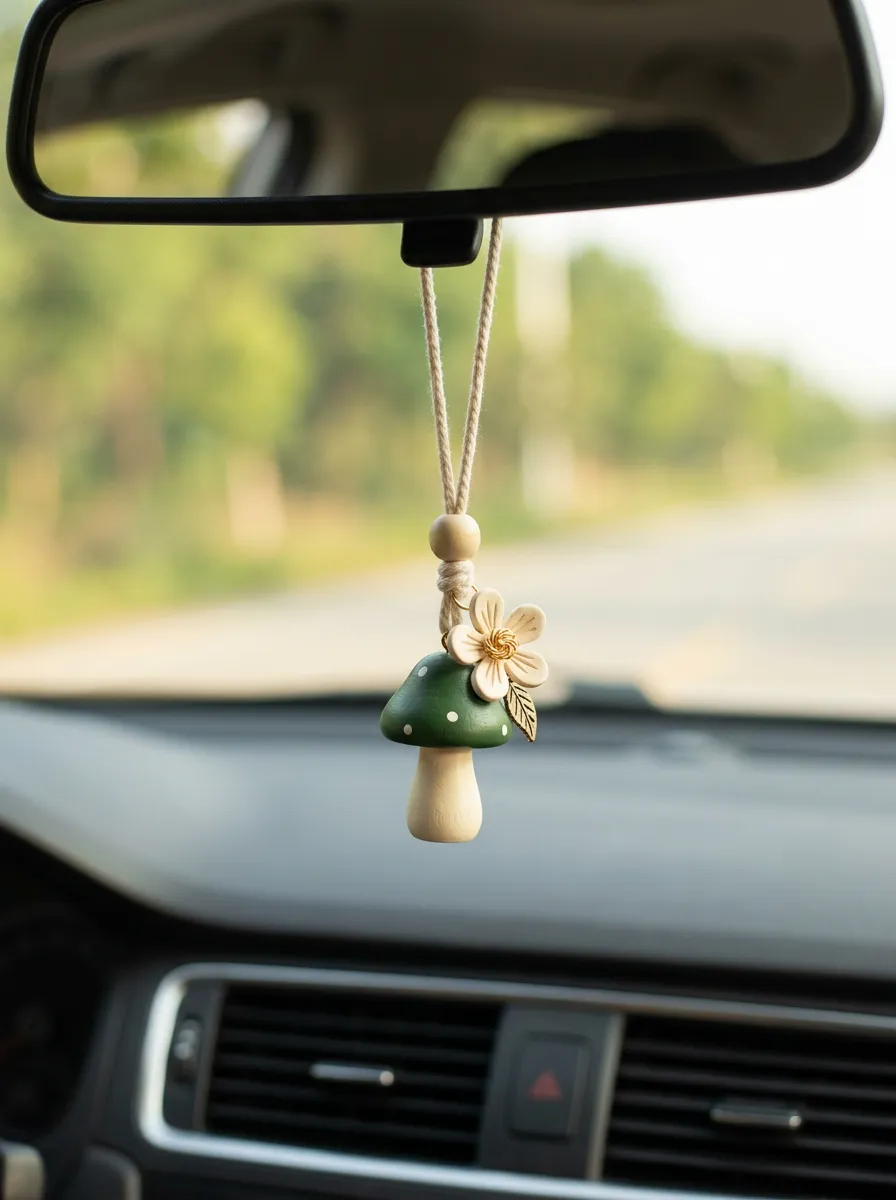 Mushroom Floral Wooden Rearview Mirror Hanging Ornament