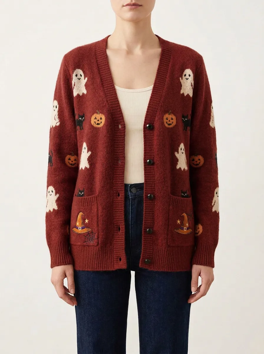 Women's Ghost Pumpkin Cat Halloween Knit Cardigan