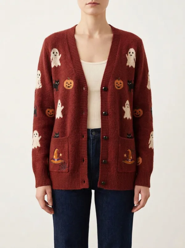 Women's Ghost Pumpkin Cat Halloween Knit Cardigan