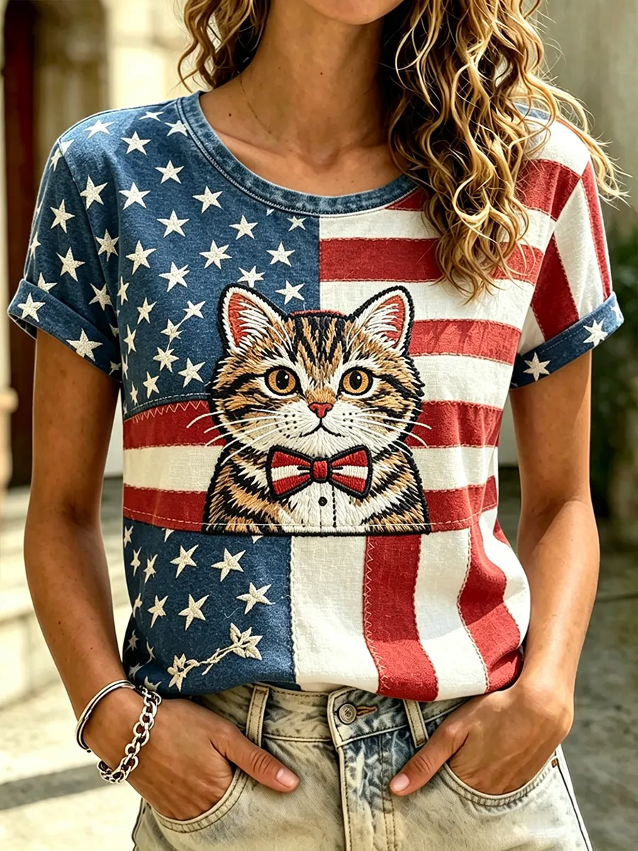 Women's casual American 250th anniversary celebration animal print short sleeved T-shirt